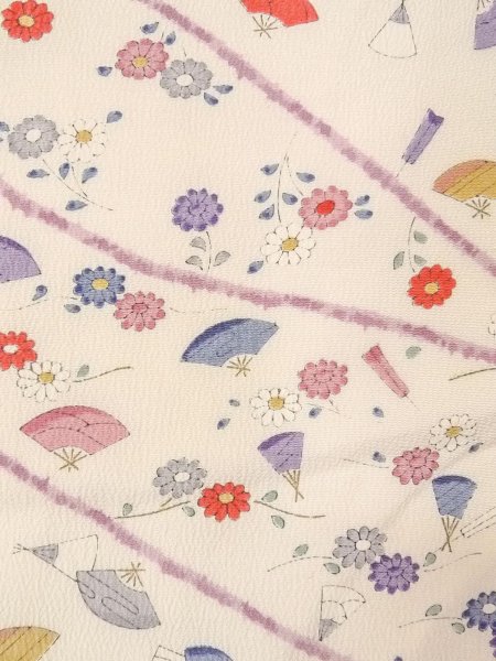 画像5: O0312E 女性用小紋  シルク(正絹) オフ ホワイト, 菊 【中古】【USED】【リサイクル】 ★★☆☆☆【O0312E】 (5)