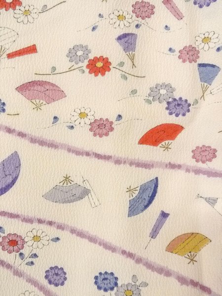 画像6: O0312E 女性用小紋  シルク(正絹) オフ ホワイト, 菊 【中古】【USED】【リサイクル】 ★★☆☆☆【O0312E】 (6)