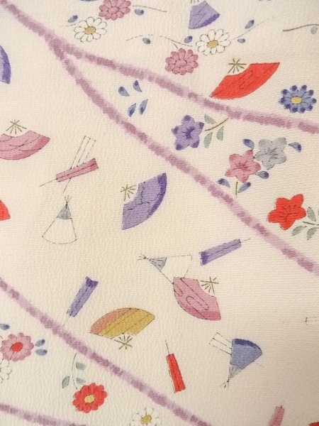 画像7: O0312E 女性用小紋  シルク(正絹) オフ ホワイト, 菊 【中古】【USED】【リサイクル】 ★★☆☆☆【O0312E】 (7)