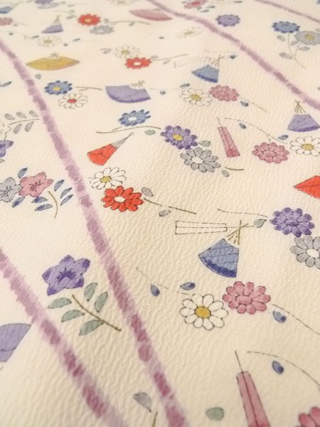 画像8: O0312E 女性用小紋  シルク(正絹) オフ ホワイト, 菊 【中古】【USED】【リサイクル】 ★★☆☆☆【O0312E】 (8)