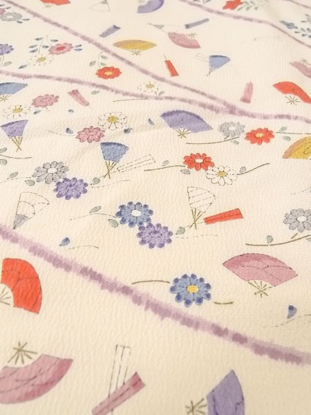 画像9: O0312E 女性用小紋  シルク(正絹) オフ ホワイト, 菊 【中古】【USED】【リサイクル】 ★★☆☆☆【O0312E】 (9)