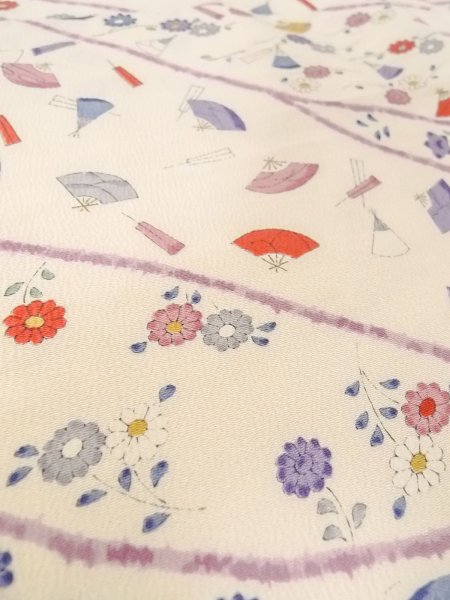 画像10: O0312E 女性用小紋  シルク(正絹) オフ ホワイト, 菊 【中古】【USED】【リサイクル】 ★★☆☆☆【O0312E】 (10)