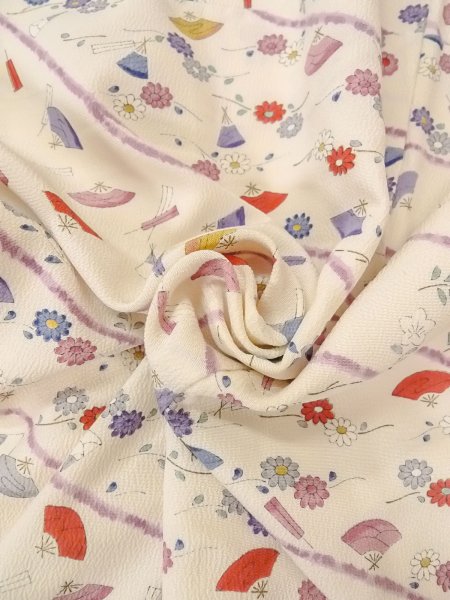 画像11: O0312E 女性用小紋  シルク(正絹) オフ ホワイト, 菊 【中古】【USED】【リサイクル】 ★★☆☆☆【O0312E】 (11)