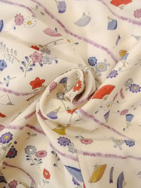 画像12: O0312E 女性用小紋  シルク(正絹) オフ ホワイト, 菊 【中古】【USED】【リサイクル】 ★★☆☆☆【O0312E】 (12)