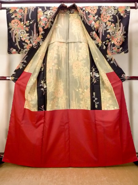 画像2: O0312K 女性用単衣  化繊 黒, 花 【中古】【USED】【リサイクル】 ★★★☆☆【O0312K】 (2)