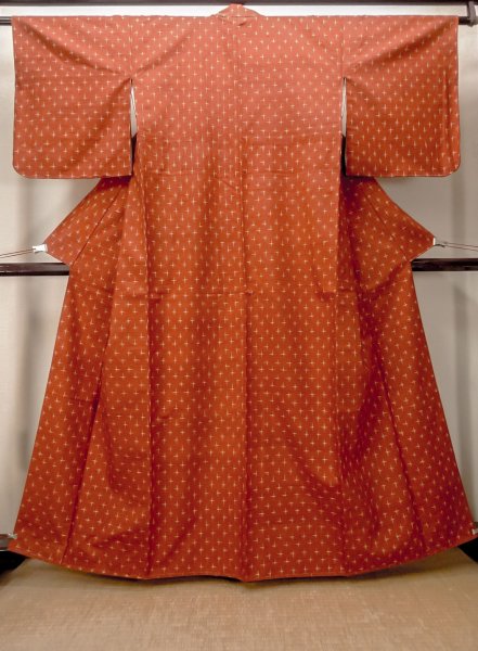 画像1: O0328A 女性用紬  シルク（正絹） 鮮やか朱赤, 十字 【中古】【USED】【リサイクル】 ★★★★☆【O0328A】 (1)