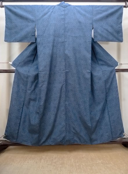 画像1: O0329G 女性用紬  シルク（正絹） 藍, 麻の葉 【中古】【USED】【リサイクル】 ★★★☆☆【O0329G】 (1)