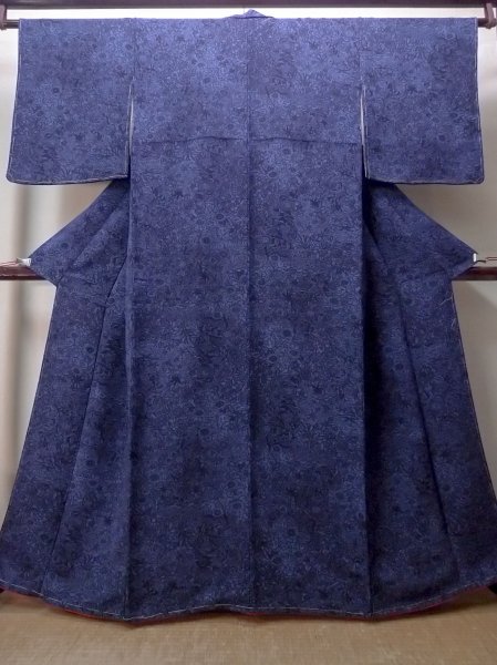 画像1: O0419A 女性用小紋  シルク（正絹） 深い藍, 菊 【中古】【USED】【リサイクル】 ★★★★☆【O0419A】 (1)