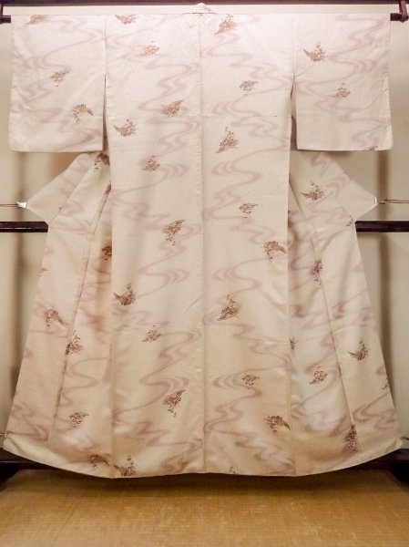 画像1: O0419K 女性用小紋  シルク（正絹） アイボリー, 桜 【中古】【USED】【リサイクル】 ★★☆☆☆【O0419K】 (1)