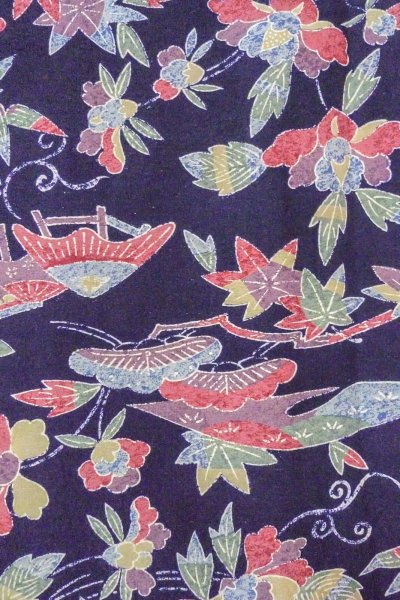 画像4: O0419L 女性用小紋  シルク（正絹） 深い藍, ぼたん 【中古】【USED】【リサイクル】 ★★☆☆☆【O0419L】 (4)