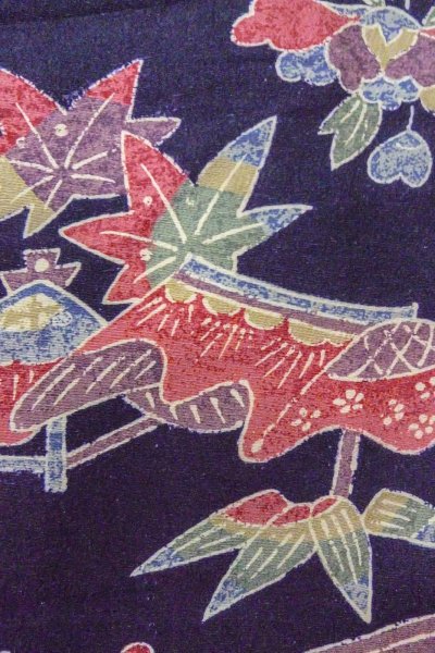 画像7: O0419L 女性用小紋  シルク（正絹） 深い藍, ぼたん 【中古】【USED】【リサイクル】 ★★☆☆☆【O0419L】 (7)