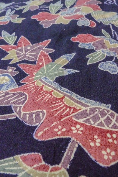 画像8: O0419L 女性用小紋  シルク（正絹） 深い藍, ぼたん 【中古】【USED】【リサイクル】 ★★☆☆☆【O0419L】 (8)