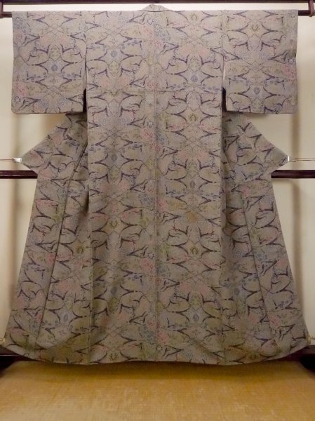画像1: O0419M 女性用小紋  シルク（正絹） 淡い灰色がかったオリーブ, 花 【中古】【USED】【リサイクル】 ★★★☆☆【O0419M】 (1)
