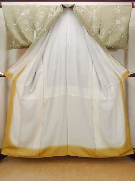 画像2: O0419Y 女性用小紋  シルク（正絹） 光沢のある淡いオリーブ, 花 【中古】【USED】【リサイクル】 ★★☆☆☆【O0419Y】 (2)