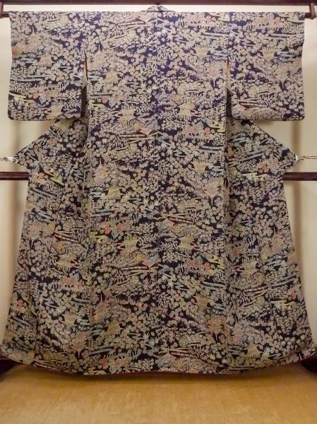 画像1: O0420D 女性用小紋  シルク（正絹） 深い藍, 花 【中古】【USED】【リサイクル】 ★★★★☆【O0420D】 (1)