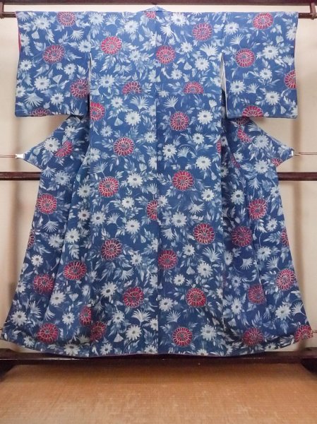 画像1: O0420G 女性用小紋  シルク（正絹） 青, 花 【中古】【USED】【リサイクル】 ★★★☆☆【O0420G】 (1)