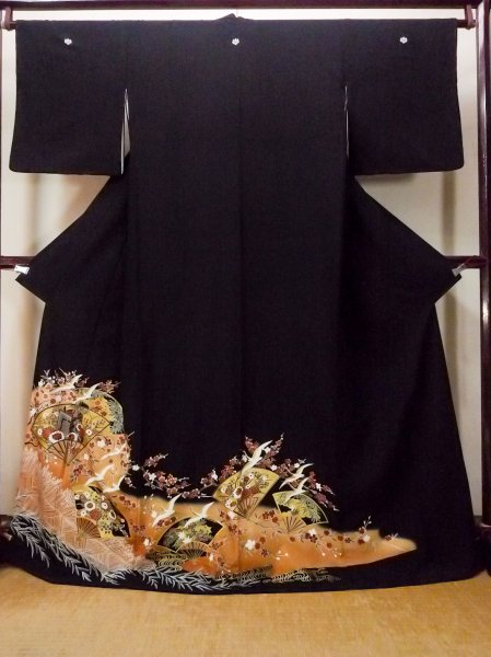 画像1: O0509B 女性用留袖  化繊 黒, 桜 【中古】【USED】【リサイクル】 ★★★★☆【O0509B】 (1)