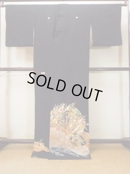 画像2: O0509B 女性用留袖  化繊 黒, 桜 【中古】【USED】【リサイクル】 ★★★★☆【O0509B】 (2)