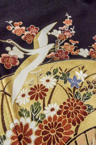 画像15: O0509B 女性用留袖  化繊 黒, 桜 【中古】【USED】【リサイクル】 ★★★★☆【O0509B】 (15)
