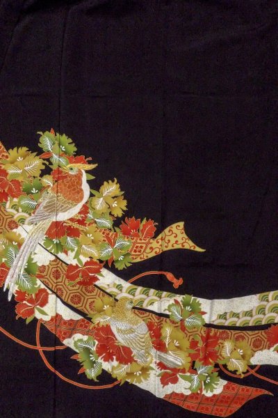 画像5: O0509G 女性用留袖  シルク（正絹） 黒, 蘭 【中古】【USED】【リサイクル】 ★★★☆☆【O0509G】 (5)