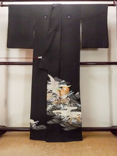 画像2: O0509H 女性用留袖  シルク（正絹） 黒, 鳥 【中古】【USED】【リサイクル】 ★★☆☆☆【O0509H】 (2)