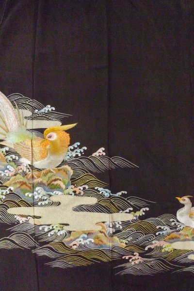画像5: O0509H 女性用留袖  シルク（正絹） 黒, 鳥 【中古】【USED】【リサイクル】 ★★☆☆☆【O0509H】 (5)