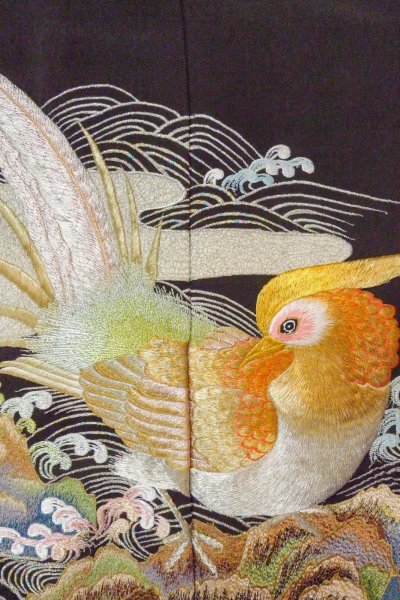 画像7: O0509H 女性用留袖  シルク（正絹） 黒, 鳥 【中古】【USED】【リサイクル】 ★★☆☆☆【O0509H】 (7)