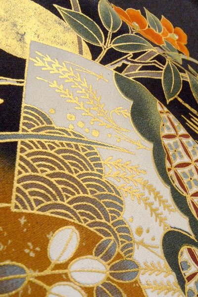 画像14: O0509I 女性用留袖  化繊 黒, ぼたん 【中古】【USED】【リサイクル】 ★★★☆☆【O0509I】 (14)