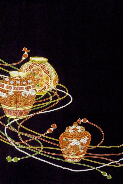 画像5: O0509L 女性用留袖  シルク（正絹） 黒, ぼたん 【中古】【USED】【リサイクル】 ★★★☆☆【O0509L】 (5)