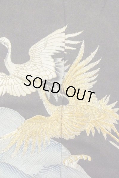 画像7: O0509S 女性用留袖  シルク（正絹） 黒, 鶴 【中古】【USED】【リサイクル】 ★★☆☆☆【O0509S】 (7)