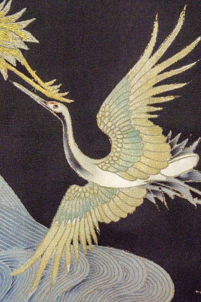 画像8: O0509S 女性用留袖  シルク（正絹） 黒, 鶴 【中古】【USED】【リサイクル】 ★★☆☆☆【O0509S】 (8)