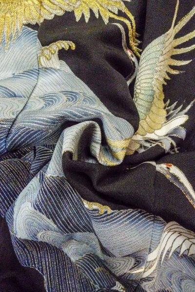 画像13: O0509S 女性用留袖  シルク（正絹） 黒, 鶴 【中古】【USED】【リサイクル】 ★★☆☆☆【O0509S】 (13)