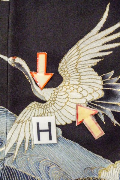 画像23: O0509S 女性用留袖  シルク（正絹） 黒, 鶴 【中古】【USED】【リサイクル】 ★★☆☆☆【O0509S】 (23)