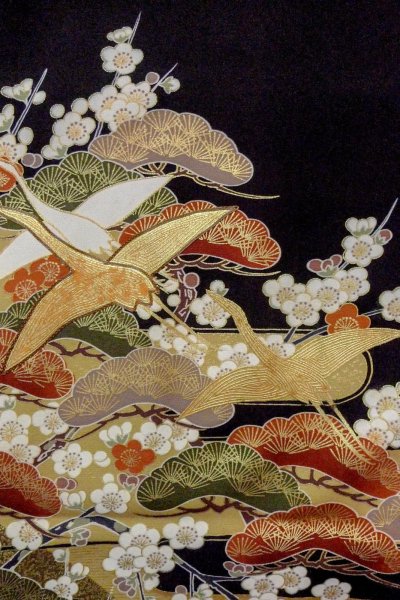 画像7: O0510A 女性用留袖  化繊 黒, 梅 【中古】【USED】【リサイクル】 ★★☆☆☆【O0510A】 (7)