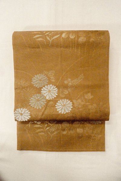 画像2: O0528A 袋帯 女性用着物 シルク(正絹)   茶色 花 【中古】 【USED】 【リサイクル】 ★★★★☆ (2)