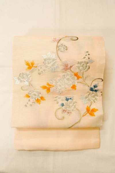 画像2: O0528B 名古屋帯 女性用着物 麻  淡い 桃色 花 【中古】 【USED】 【リサイクル】 ★★★☆☆ (2)