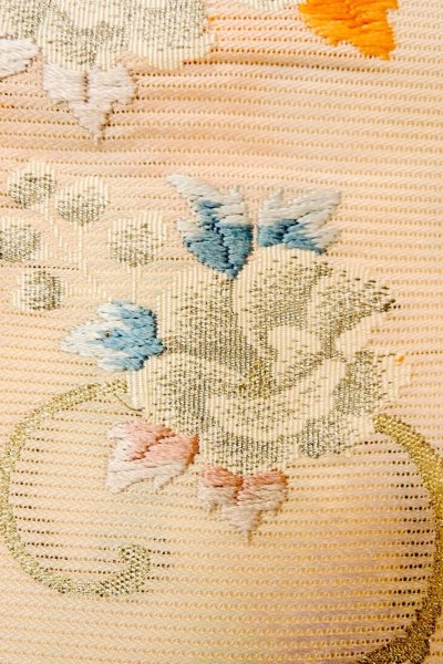 画像6: O0528B 名古屋帯 女性用着物 麻  淡い 桃色 花 【中古】 【USED】 【リサイクル】 ★★★☆☆ (6)