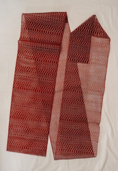 画像1: O0528E 八寸（袋名古屋）帯 女性用着物 麻   えんじ 幾何学模様 【中古】 【USED】 【リサイクル】 ★★★★☆ (1)
