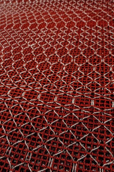 画像8: O0528E 八寸(袋名古屋)帯 女性用着物 麻   えんじ 幾何学模様 【中古】 【USED】 【リサイクル】 ★★★★☆ (8)