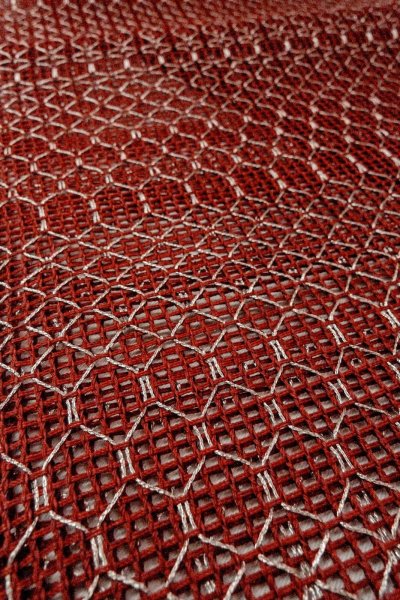 画像10: O0528E 八寸(袋名古屋)帯 女性用着物 麻   えんじ 幾何学模様 【中古】 【USED】 【リサイクル】 ★★★★☆ (10)