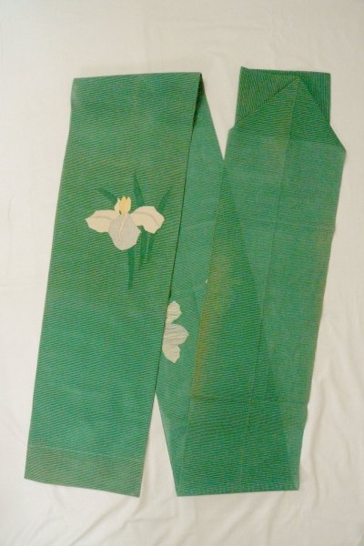 画像1: O0528H 名古屋帯 女性用着物 麻  鮮やか 緑色 あやめ 【中古】 【USED】 【リサイクル】 ★★☆☆☆ (1)
