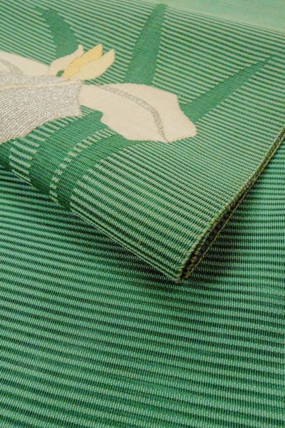 画像11: O0528H 名古屋帯 女性用着物 麻  鮮やか 緑色 あやめ 【中古】 【USED】 【リサイクル】 ★★☆☆☆ (11)