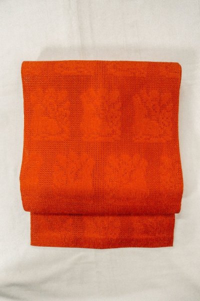 画像2: O0528I 名古屋帯 女性用着物 麻  鮮やか 橙色 抽象的模様 【中古】 【USED】 【リサイクル】 ★★★☆☆ (2)