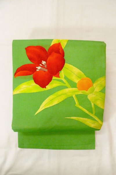 画像2: O0528J 名古屋帯 女性用着物 麻  鮮やか 黄緑色 りんどう 【中古】 【USED】 【リサイクル】 ★★★★☆ (2)