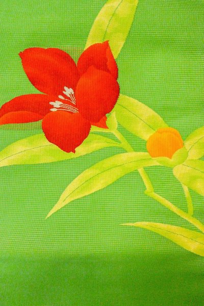 画像3: O0528J 名古屋帯 女性用着物 麻  鮮やか 黄緑色 りんどう 【中古】 【USED】 【リサイクル】 ★★★★☆ (3)