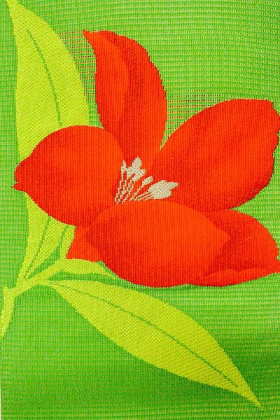 画像4: O0528J 名古屋帯 女性用着物 麻  鮮やか 黄緑色 りんどう 【中古】 【USED】 【リサイクル】 ★★★★☆ (4)