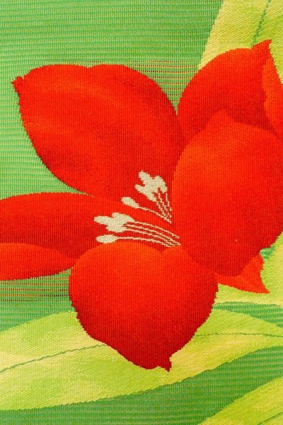 画像5: O0528J 名古屋帯 女性用着物 麻  鮮やか 黄緑色 りんどう 【中古】 【USED】 【リサイクル】 ★★★★☆ (5)