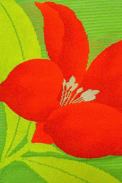 画像7: O0528J 名古屋帯 女性用着物 麻  鮮やか 黄緑色 りんどう 【中古】 【USED】 【リサイクル】 ★★★★☆ (7)