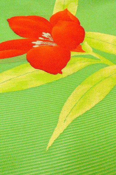 画像8: O0528J 名古屋帯 女性用着物 麻  鮮やか 黄緑色 りんどう 【中古】 【USED】 【リサイクル】 ★★★★☆ (8)