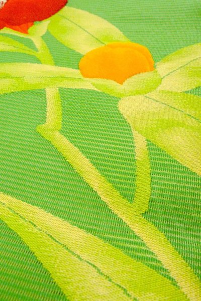 画像9: O0528J 名古屋帯 女性用着物 麻  鮮やか 黄緑色 りんどう 【中古】 【USED】 【リサイクル】 ★★★★☆ (9)